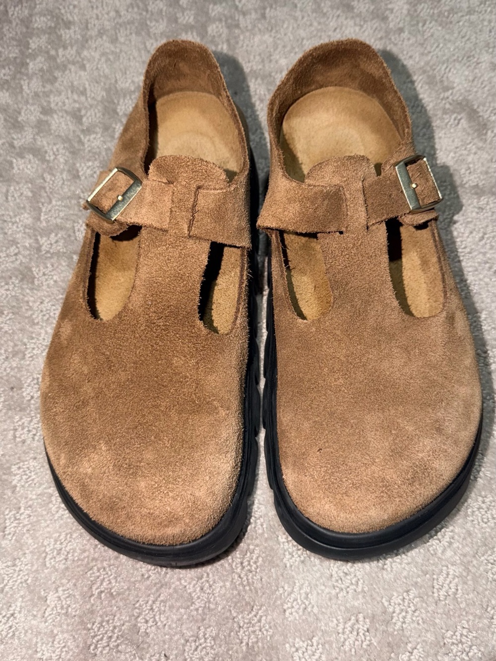 Papillio Brown Suede T-Strap Clogs with Buckle - Picture 2 of 4